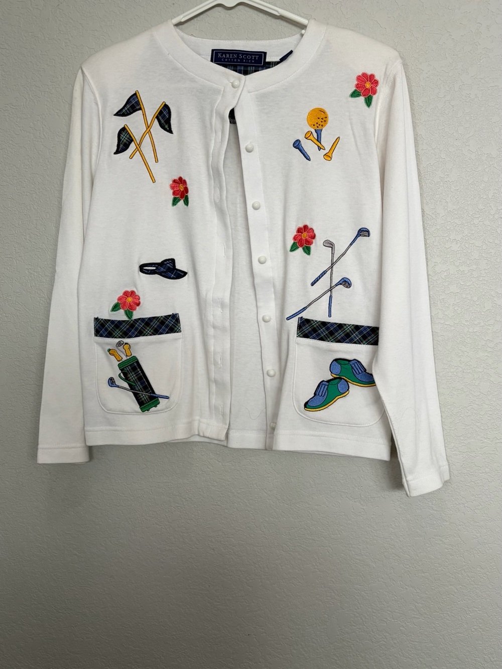 Karen Scott White Cardigan with Golf & Floral Embroidery